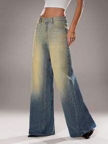 TRNVIE Quần jeans ống rộng cạp trễ cổ điển dành cho nữ - Màu xanh lam - Xem 4