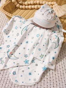 SHEIN 2件套新生儿月亮印花襁褓毯和帽子拍照服装套装 - 彩色 - 查看 5