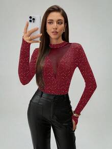 SHEIN 女士时尚圆领长袖金属箔网纱拼接透视连体衣 - 酒紅色 - 查看 6
