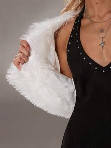 SHEIN TRNDY 1pc Women's Faux Fur Coat, White, Autumn/Winter, Loose Fit, Long Sleeve, Luxurious & Elegant For Party - White - View 8