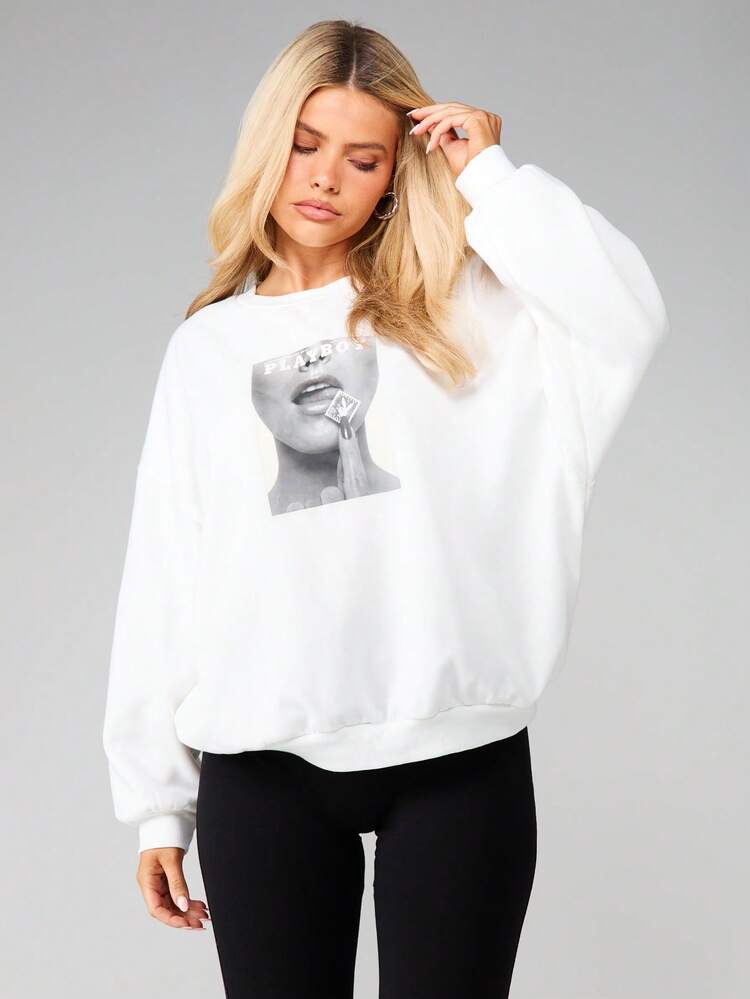 Missguided x Playboy Oversized Graphic Sweatshirt With Grunge Portrait Print Long Sleeve Casual Pullover