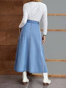 EMERY ROSE 女士高腰带口袋毛边花卉贴花休闲牛仔A字裙