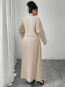 Modelyn Plus Size Solid Color Wrap Knit Dress, Casual For Autumn/Winter - Apricot - View 2