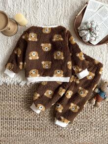 SHEIN Baby Boy Cute Bear Pattern All-Over Print Fleece Sweatshirt 2 Pieces Set, Autumn/Winter - Multicolor - View 2