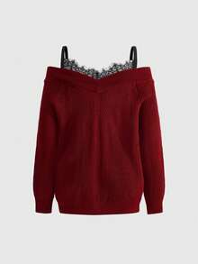 ROMWE 性感优雅撞色蕾丝露肩宽松针织毛衣 - 酒紅色 - 查看 2