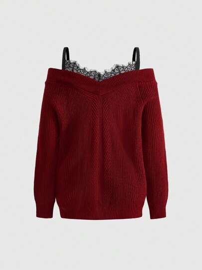 Élégant pull ample en tricot avec contraste de dentelle épaules dénudées pour femmes