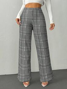 SHEIN PETITE Quần dệt kim co giãn họa tiết kẻ caro thanh lịch mùa hè dành cho nữ, phù hợp với nhiều dịp khác nhau, thích hợp cho kỳ nghỉ hè, du lịch thanh lịch và đi làm hàng ngày - Đen và trắng - Xem 7