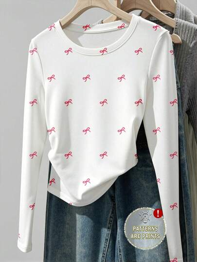 Resyla Camiseta de manga larga con estampado completo para mujer, de vuelta al colegio, ropa de otoño, decoración con lazo, adecuada para Navidad, Día de San Valentín, estilo universitario estadounidense 2026