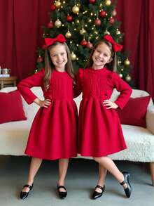 SHEIN Tween Girls' Solid Color Minimalist Long Sleeve Sweater Dress, Casual Everyday Wear - Burgundy - View 1