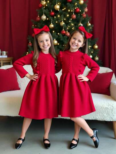 SHEIN Vestido de suéter de manga larga de unicolor minimalista para niñas preadolescentes, uso casual diario