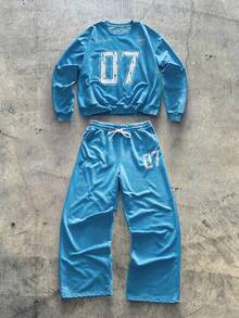 AXEPEAK 男士标准休闲套头运动服套装（2件套），蓝色水洗印花 - 藍色 - 查看 1