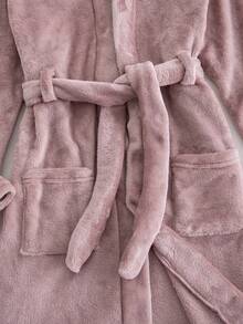 Genkimix Kids Tween Girl Elegant Lotus Pink Flannel Fabric Minimalist Embroidered Bowknot Hooded Long Sleeve Maxi Dress With Belt, Comfortable Loungewear Robe - Dusty Pink - View 4