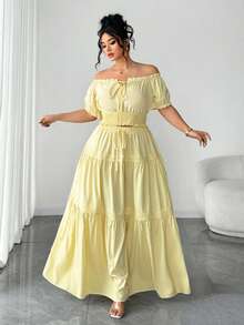 Elenzga Plus Size Women's Elegant Youthful Versatile Fitted Puff Sleeve Bow Waist Flared Hem 2-Piece Skirt Set, Suitable For Vacation, Casual, Commute, Date