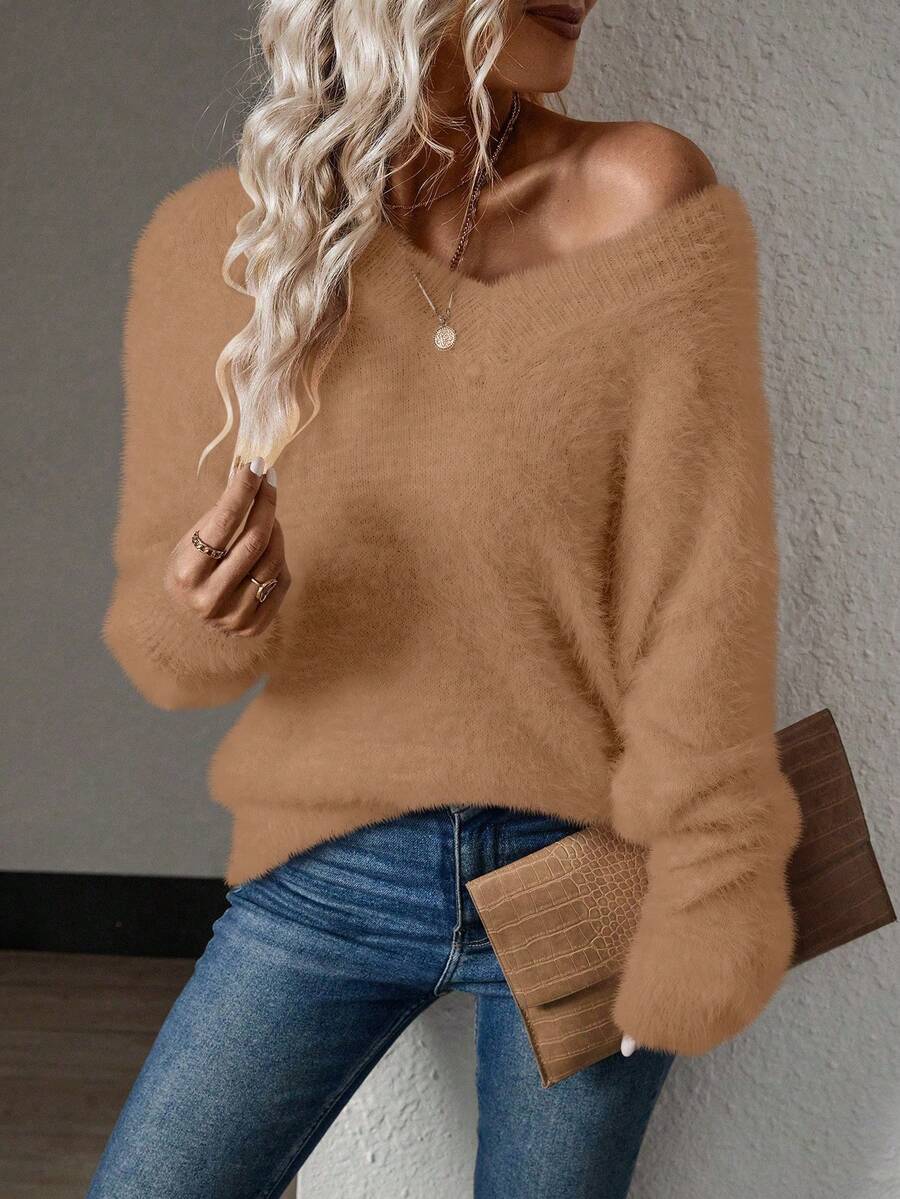 SHEIN LUNE Women's Camel V-Neck Batwing Cashmere Blend Pullover Sweater, Minimalist & Versatile - Khaki - View 1