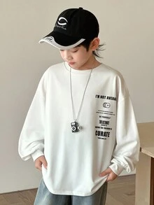 SHEIN 2 件套儿童青少年男童休闲韩版大字母图案圆领运动衫和牛仔裤套装，适合通勤、上学、日常休闲、旅行、运动、春夏秋冬，抓绒，加厚