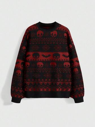 Goth Vintage Dark Skull & Bat Jacquard Knit Sweater For Women, Loose Fit Casual Round Neck Pullover, Autumn/Winter