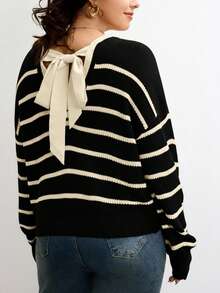 CosyJoli 大码女式V领长袖条纹套头毛衣，日常穿着，后背蝴蝶结设计，休闲时尚 - 黑與白 - 查看 2