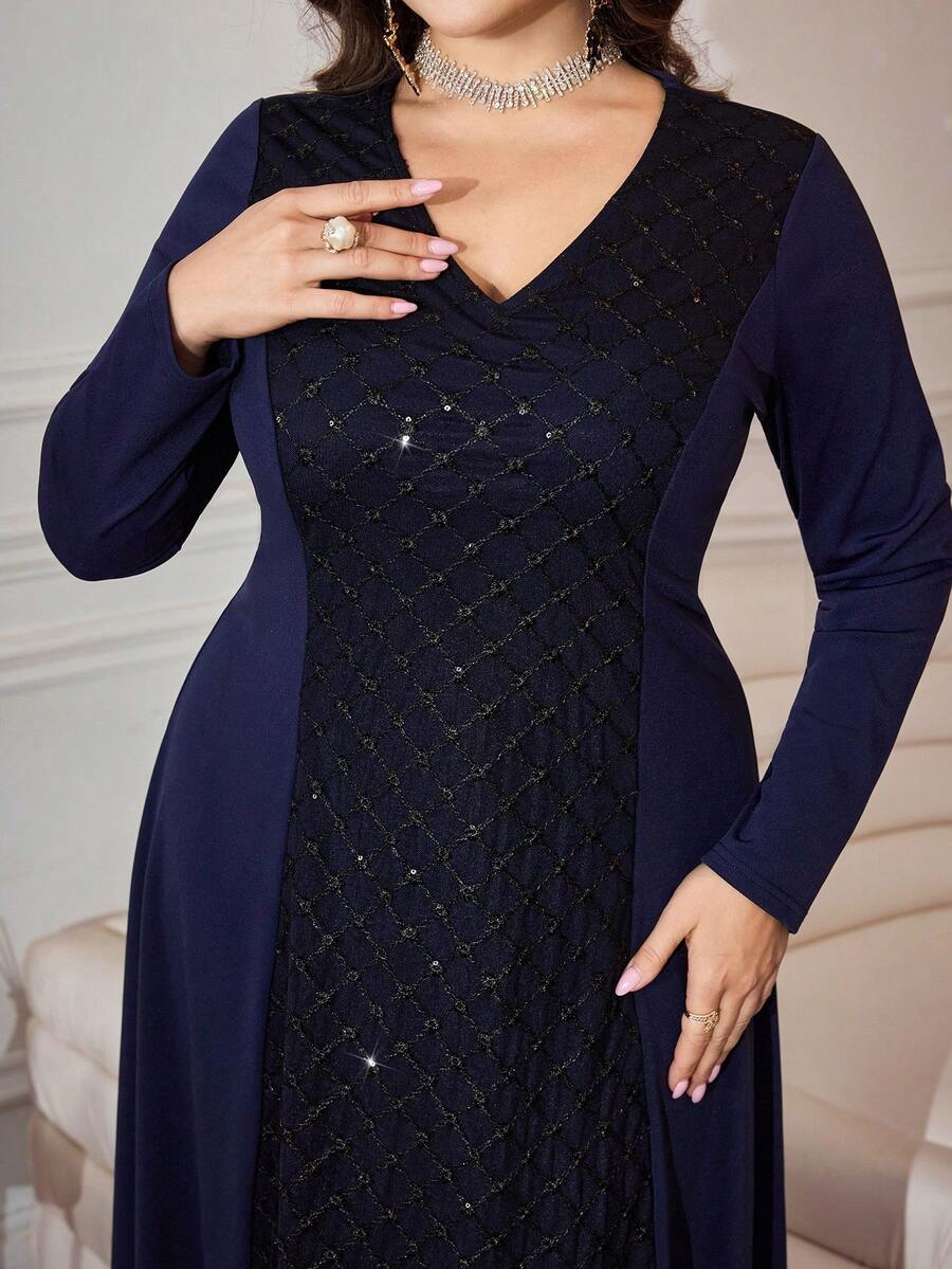 Modelyn Elegant Knit Patchwork Beaded Mesh V-Neck Long Sleeve A-Line Plus Size Dress, Suitable For Spring And Autumn - Navy Blue - View 1