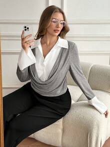 Vionelle Plus Size Women Elegant 2 In 1 Patchwork Knit Sweater,White Long Sleeve Collared Blouse,Autumn Smart Casual Formal Business Top Office Cowl Neck Top - Black and White - View 7
