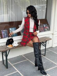 SHEIN Frenchy Women's Fashion Commuter Plaid Vest & Skirt 2 Pieces Set, Women's Winter Clothes ,Brown , New Year , Party,  Christmas ,Thanksgiving  ,Graduation, Luxury ,Chic.,Christmas,Red Summer Casual Valentine's Day - Red - View 7