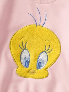 LOONEY TUNES X SHEIN 两件套女婴休闲日常通勤可爱卡通刺绣卫衣和条纹打底裤，适合春秋季穿着 - 粉色 - 查看 4