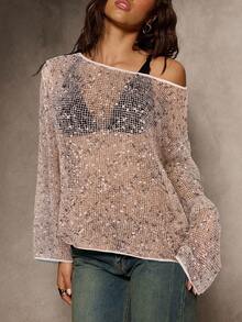 Aloruh Áo cánh tay dài sequin màu hồng bóng, thích hợp cho các bữa tiệc mùa thu - Hồng - Xem 4