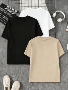 Vacaura 3件套青少年休闲篮球剪影印花圆领短袖T恤，适合春、秋、夏季穿着