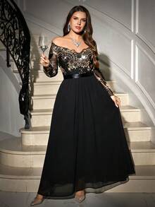 SHEIN Clasi Plus Size Women Floral Patchwork Sequin Mesh Off-Shoulder Long Sleeve Elegant Dress