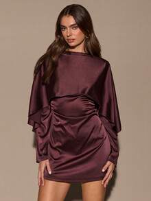 SHEIN BAE Women's Solid Color Stand Collar Long Sleeve Ruched Mini Dress,Elegant Dresses For Women ,Winter Dress,Red Dress,Red Dress Women,Vacation/Valentine's Day,Valentine Outfits For Women Draped Dress - Brown - View 4