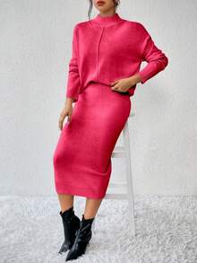 SHEIN LUNE 女士纯色立领落肩长袖毛衣和针织半裙两件套，秋冬季休闲装 - 西瓜粉 - 查看 3