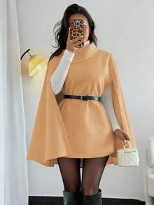 Islaluna Elegante abrigo capa de solapa de color beige con cinturón negro en la cintura, para otoño/invierno - Camel - Ver 4
