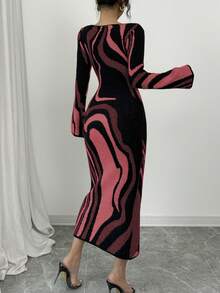 Elenzga Women's Color Block Print Round Neck Long Sleeve Bodycon Midi Dress - Red - View 2
