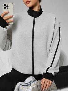 Dewbera 女士落肩长袖拉链宽松运动夹克 运动服夹克 健身夹克 瑜伽夹克 健身夹克 运动套装 女式夹克 - 淺灰色 - 查看 6