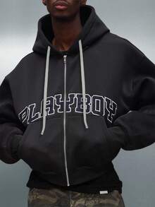 PLAYBOY X SUMWON Men Crop Fit Full Zip Hoodie With Drawstring Hood Centre Pocket Winter Streetwear - Black - View 5