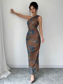 Elenzga Váy dạ hội sang trọng dành cho nữ, cổ lệch in họa tiết tie-dye, không tay gợi cảm - Xám Xanh - Xem 5