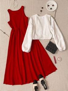 2pcs/Set Teen GirlCasual Elegant Fuzzy Camisole Dress, Versatile For Outdoor & Daily Wear