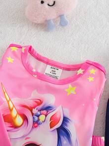 SHEIN 女婴可爱卡通图案针织长袖连体衣家居服套装 - 粉色 - 查看 3
