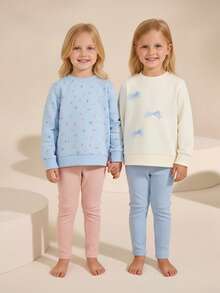 2 Stücke/Set Mädchen Minimalistischer blauer, weißer, rosa einfarbiger gerippter Langarm Sweatshirt und Hose Set - Verschiedenfarbig - Übersicht 7