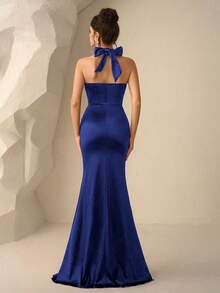 Coutiva Women's Elegant Backless Halter Formal Evening Gown - Navy Blue - View 2