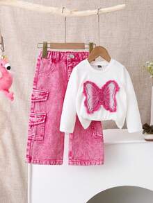 SHEIN Playful Pals Girls' White Casual Fitted Long Sleeve Round Neck T-Shirt With Cute 3D Butterfly Embroidered Denim Patch Design Girls' Pink Washed Casual Loose Multi-Pocket Design Cargo Denim Pants, Versatile And Fashionable For Everyday Wear Fall Winter