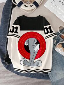 LOONEY TUNES X SHEIN Áo thun tay ngắn in hình thỏ phối màu thời trang mùa hè cho bé trai tuổi teen - trắng - Xem 2