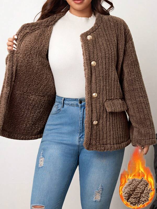 Vionelle Plus Size Women Autumn/Winter Long Sleeve Single-Breasted Striped Fuzzy Loose Jacket