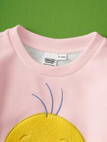 LOONEY TUNES X SHEIN 两件套女婴休闲日常通勤可爱卡通刺绣卫衣和条纹打底裤，适合春秋季穿着 - 粉色 - 查看 6