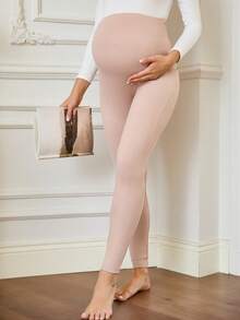 SHEIN Maternity Solid Color Adjustable Waistband Pocket Casual Leggings - Khaki - View 6