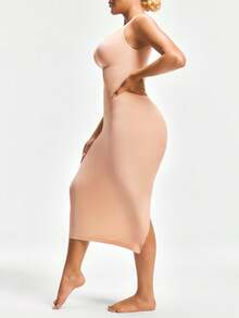 SHAPORA Damen enganliegendes langärmeliges Bodycon Kleid mit Rundhalsausschnitt in Unifarben, ärmelos - Aprikosenfarben - Übersicht 4
