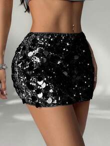SHEIN PETITE Váy mini sequin lấp lánh bạc dành cho nữ, thích hợp cho tiệc tùng và tụ tập, phiên bản chất lượng cao dành cho người nhỏ nhắn - màu đen - Xem 4