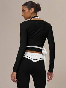 Musera Sport 深V领裹身系带修身长袖芭蕾舞上衣，适合健身房、运动健身，肉桂色漩涡图案，冬季款 - 黑色 - 查看 4