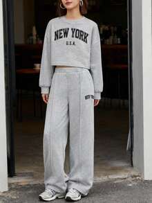 少女印花圆领短款卫衣和裤子休闲套装 - 灰色 - 查看 3