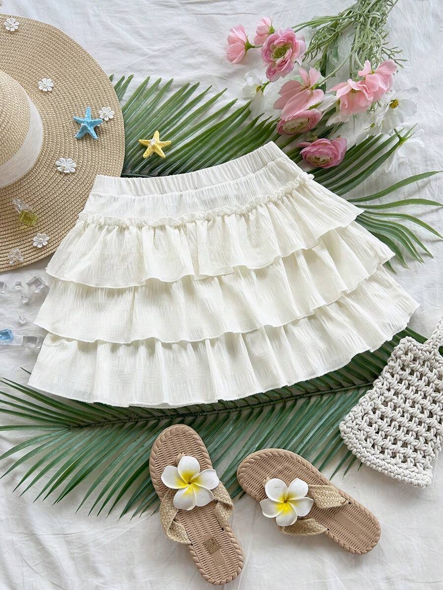 Soleia Falda de mujer de unicolor con cintura elástica y volantes en el bajo - Albaricoque - Ver 1