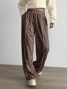 Aidyla 2pcs Set Contrast Color Block Leopard Print Sporty Casual Sweatpants - Multicolor - View 7